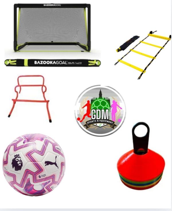 BazookaGoal Pop-Up Football Goal & Puma Orbita Cup PL Brilliance Football 25/26  & Set of 50 cones & 4m Agility Ladder & Set of 6 Hurdles