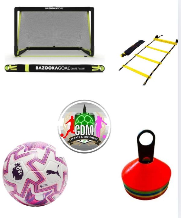 BazookaGoal Pop-Up Football Goal & Puma Orbita Cup PL Brilliance Football 25/26  & Set of 50 cones & 4m Agility Ladder